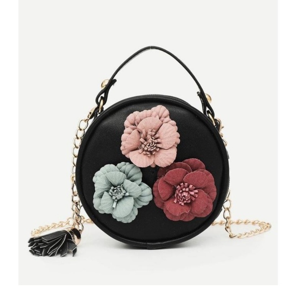 Handbags - Mini Crossbody Bag Black Round Flower Embellished